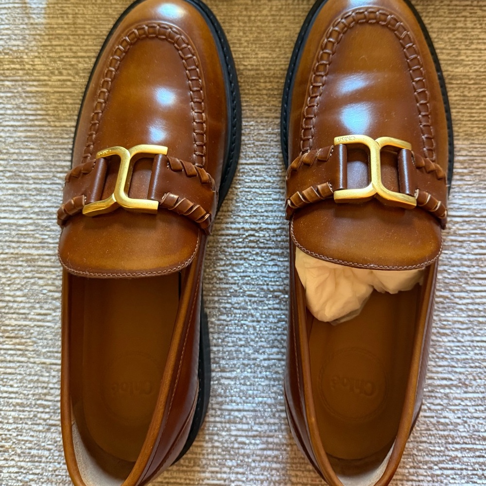 Chloe Marcie Leather Flat Loafers with Gold Detail Cognac Brown NWB Authentic!!